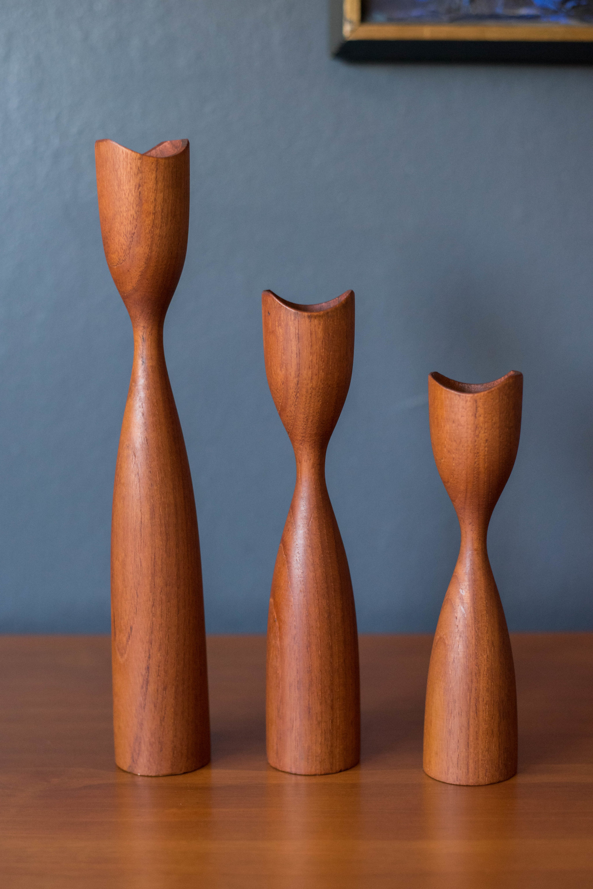 Set of Three Sculptural Teak MidCentury Modern Candlestick Holders