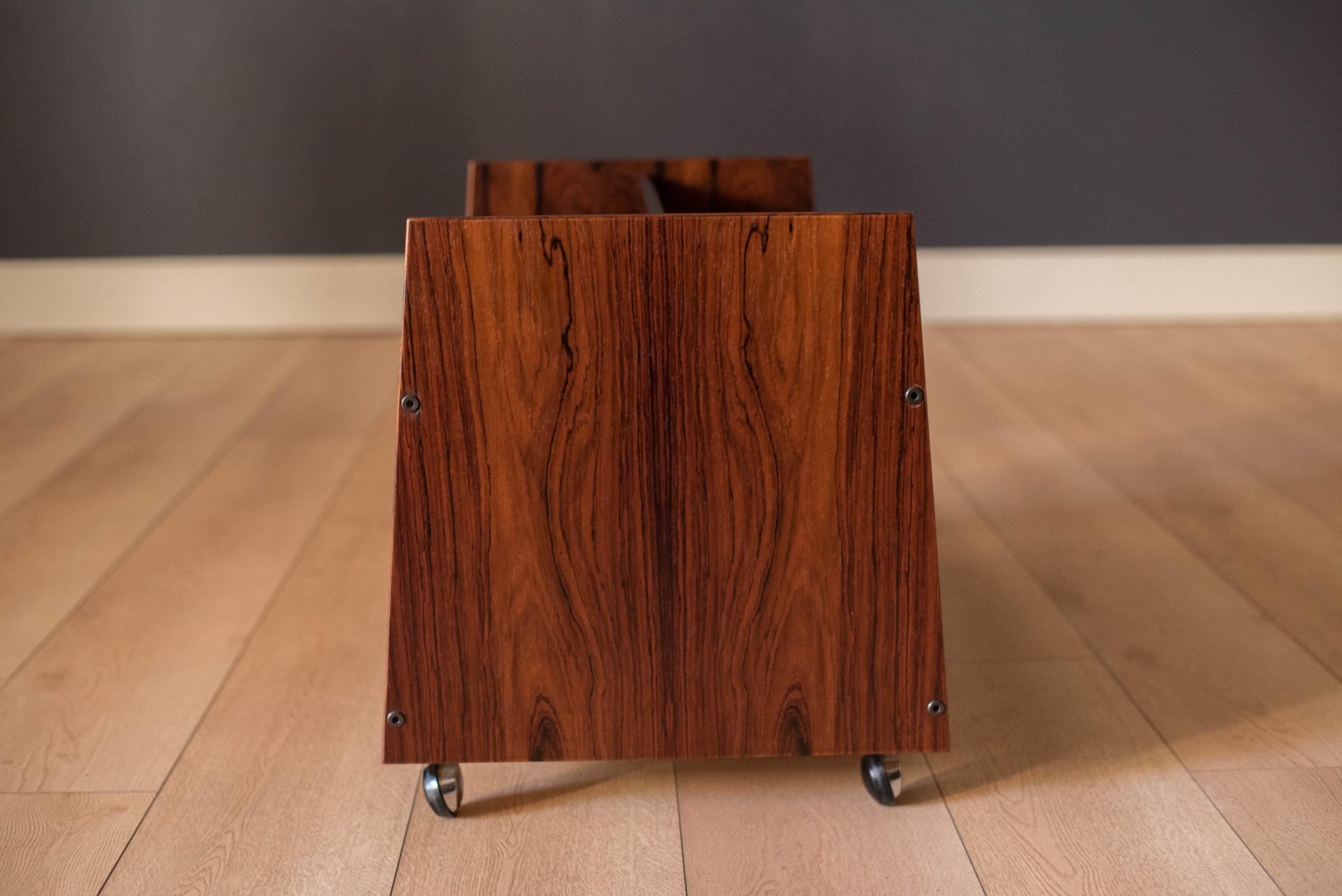 Vintage Rosewood Rolling Record Magazine Rack by Rolf Hesland for