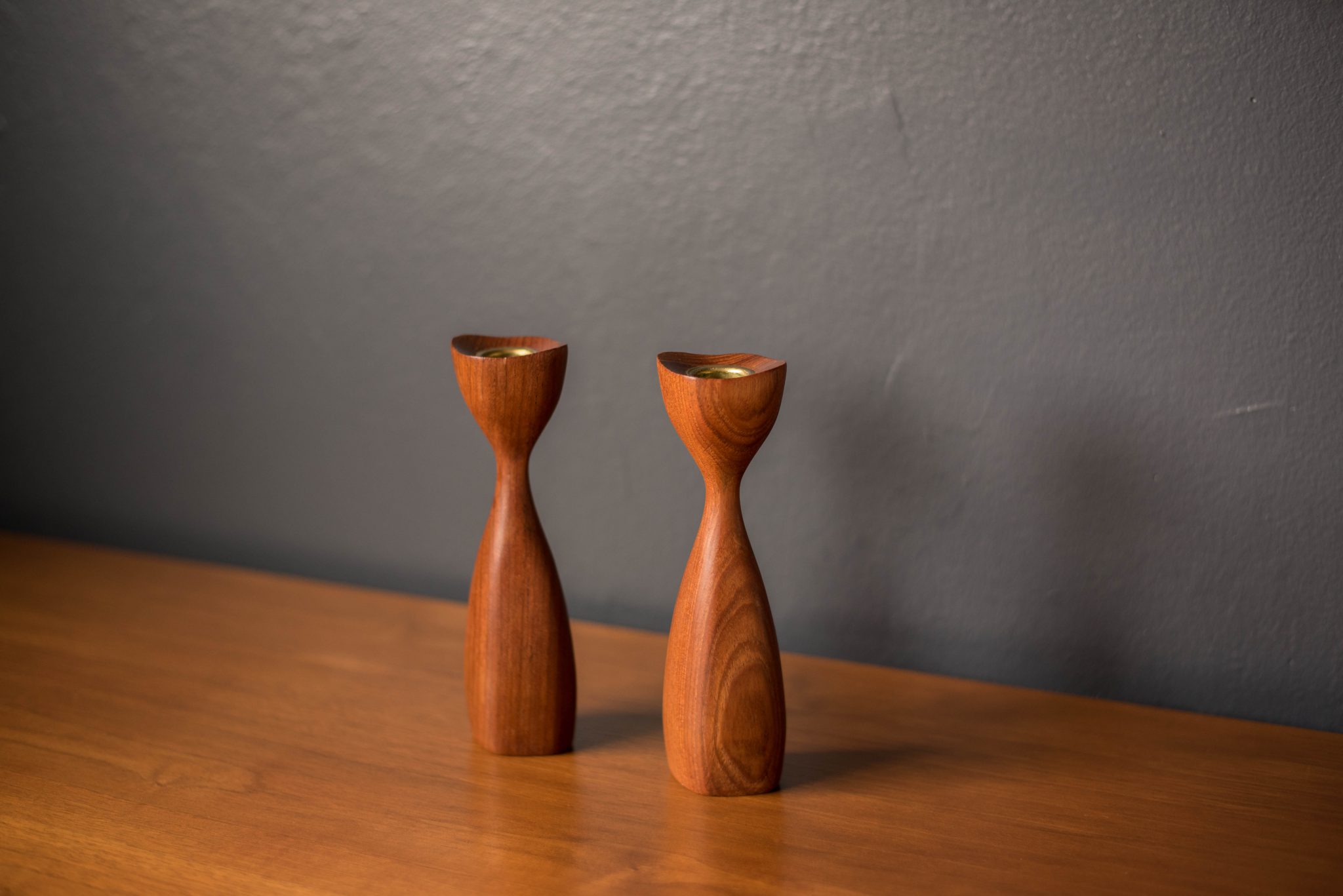 Pair of Danish Sculptural Teak Candle Holders Mid Century Maddist