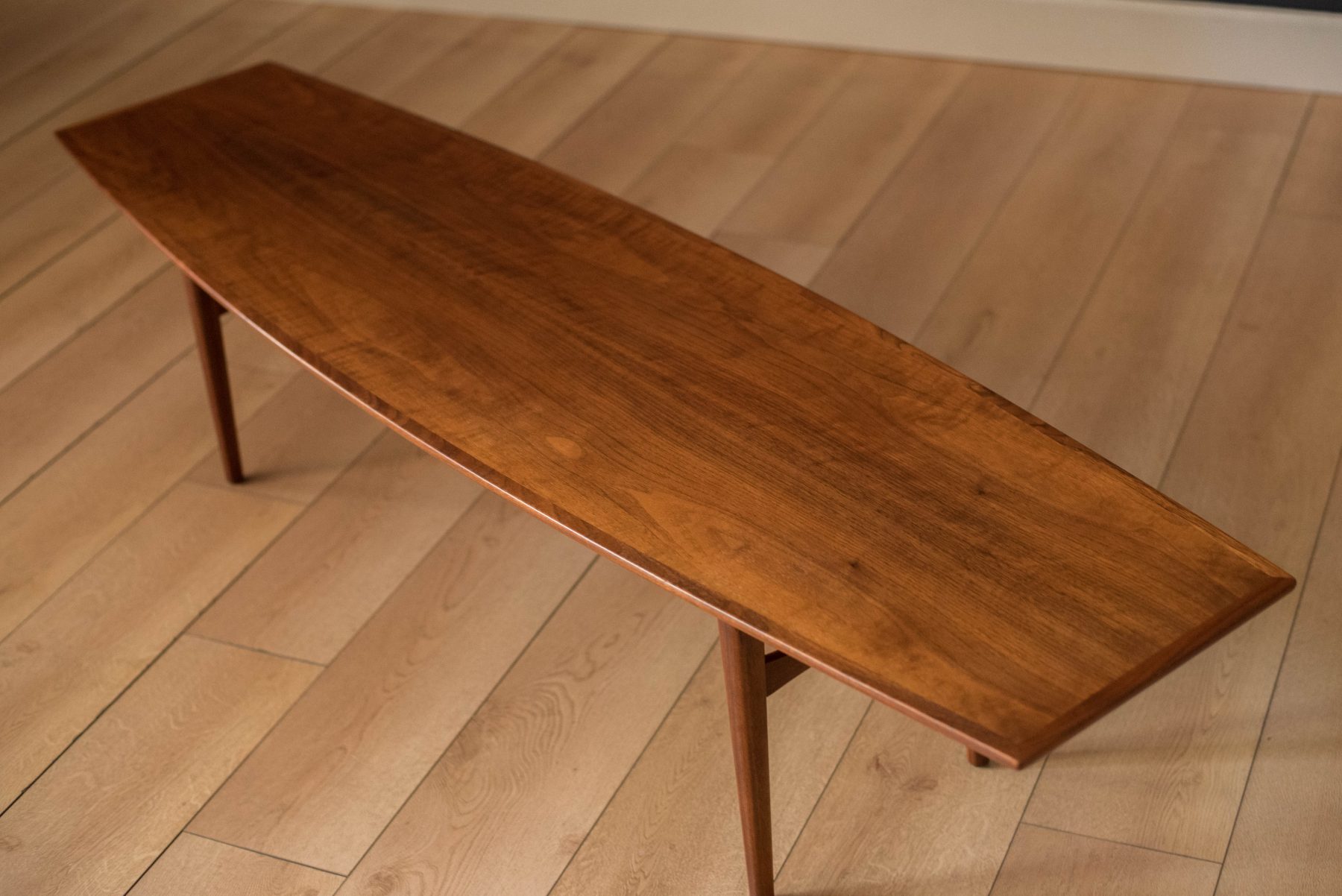 Mid Century Walnut Surfboard Coffee Table by Carlin Mid Century Maddist