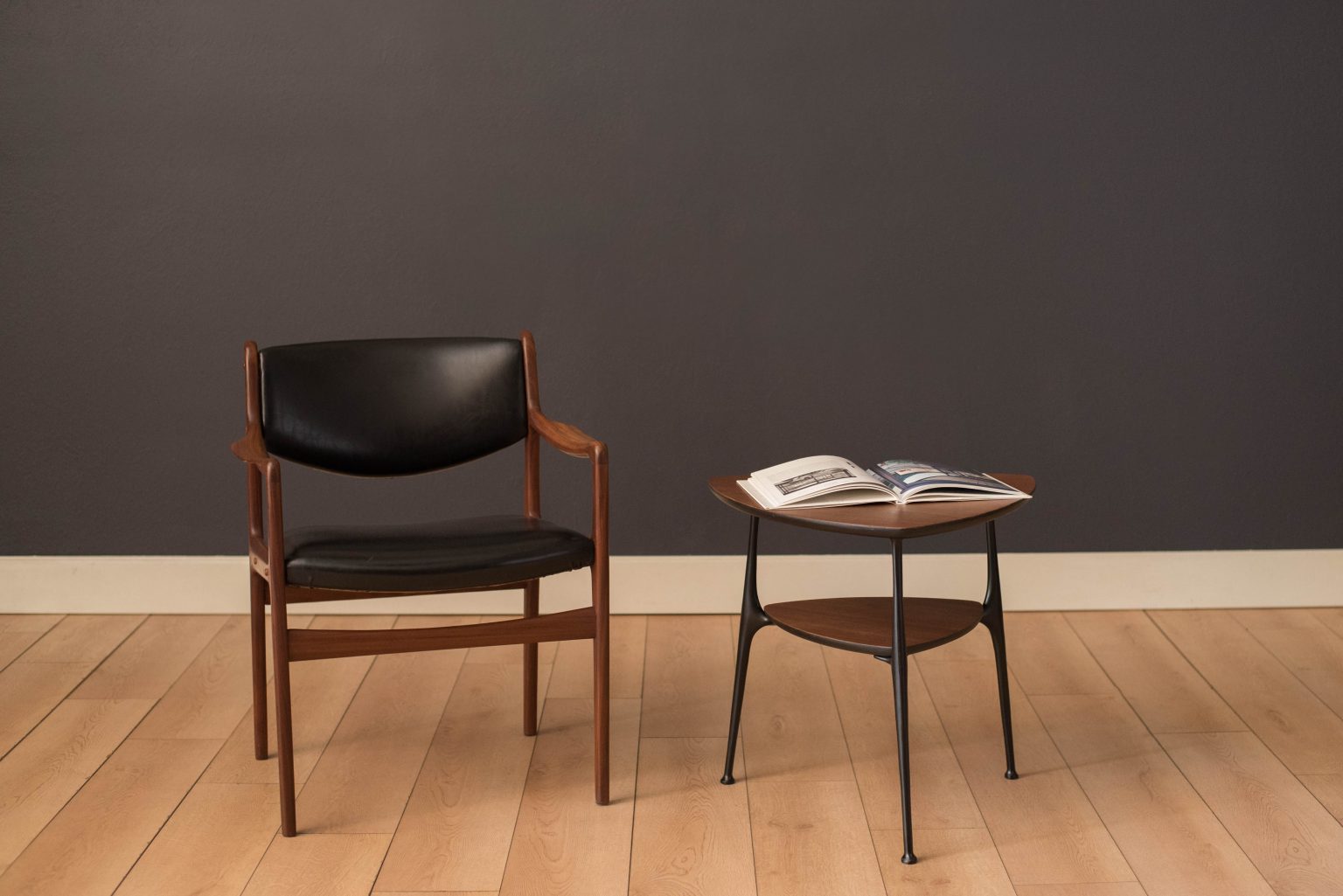 MidCentury Modern TwoTier Triangle Black and Walnut End Table Mid