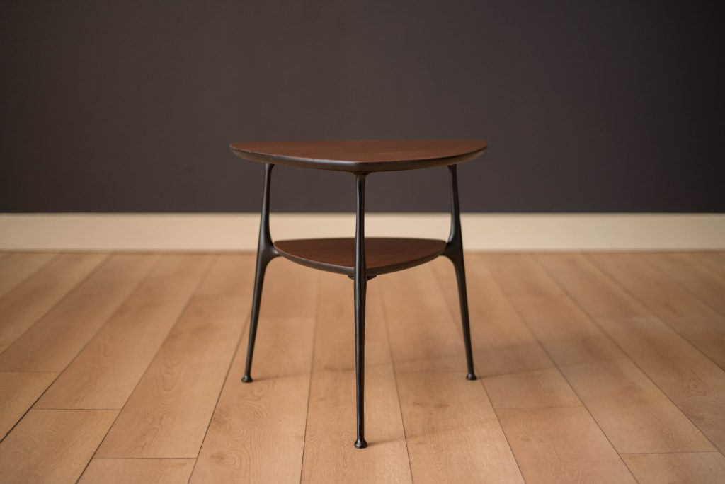 MidCentury Modern TwoTier Triangle Black and Walnut End Table Mid