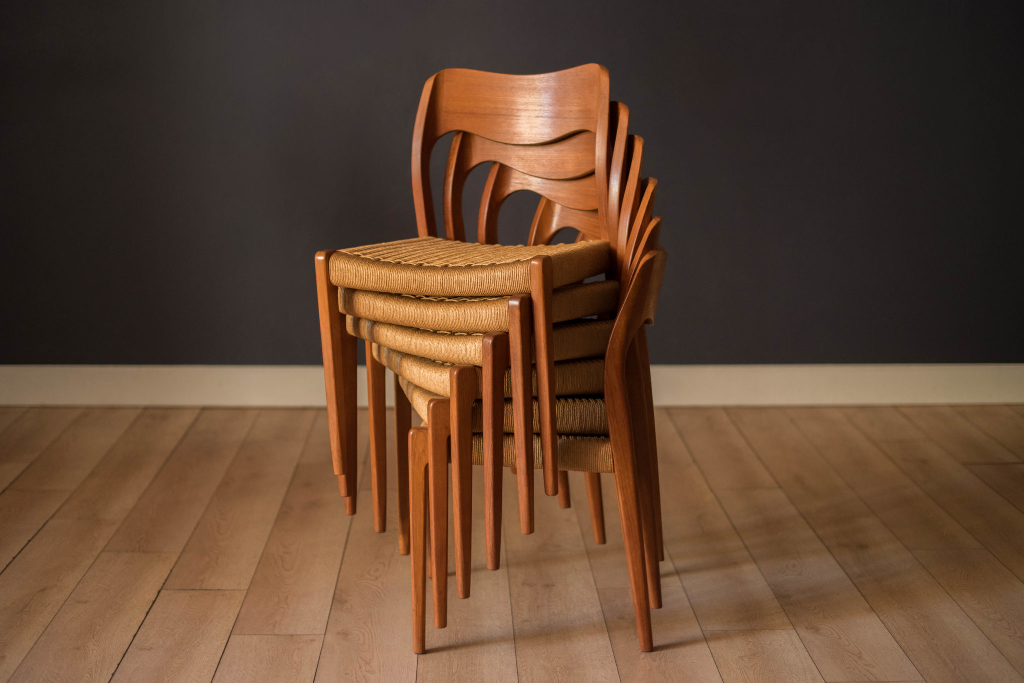 Set of Six Danish Modern Teak and Paper Cord Niels O. Moller Dining ...