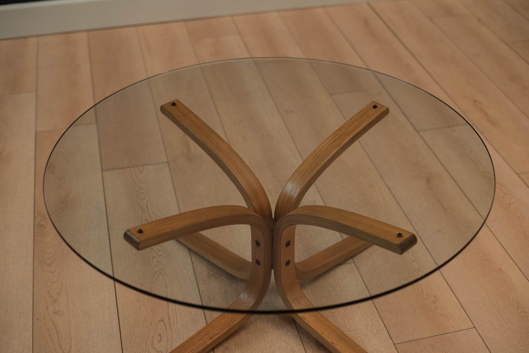 Vintage Round Glass and Teak Coffee Table Mid Century Maddist