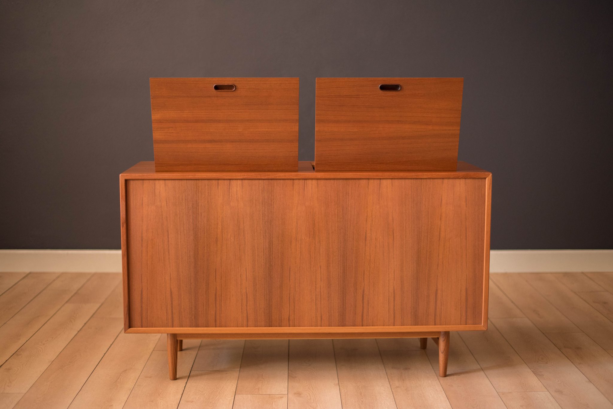 Mid Century Teak Sibast Tambour Door Stereo Console Cabinet by Arne Vodder